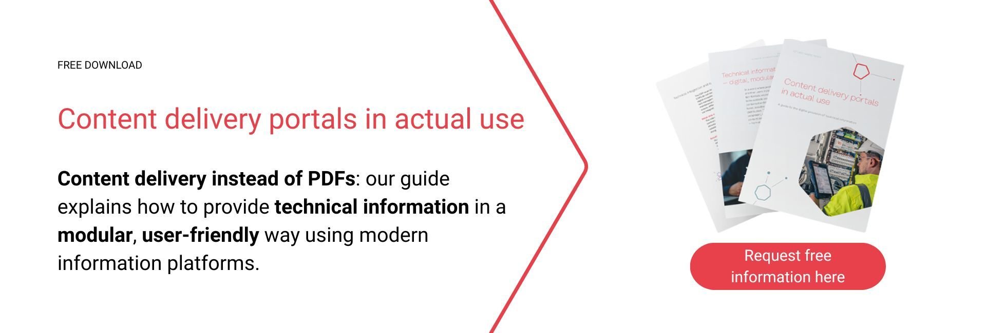 Free-download banner for “Content delivery portals in actual use,” with a brochure mockup and a red button reading “Request free information here.”