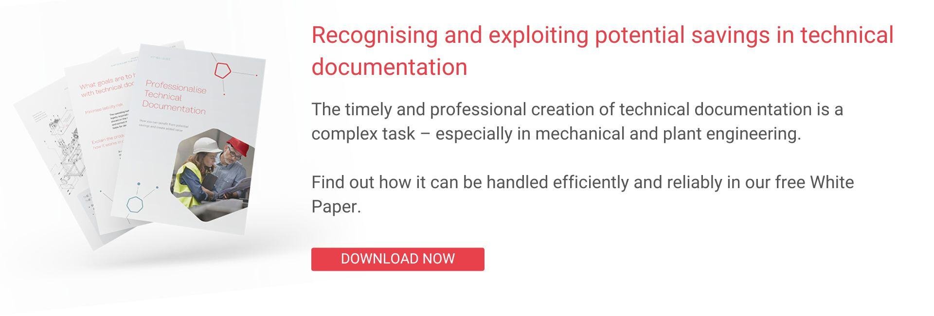 Banner für ein Whitepaper zu Einsparpotenzialen in der technischen Dokumentation, mit Broschürenabbildung links und rotem Button „Download now“.