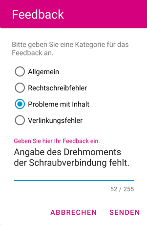 Beispielansicht eines Feedback-Fensters im Informationsportal