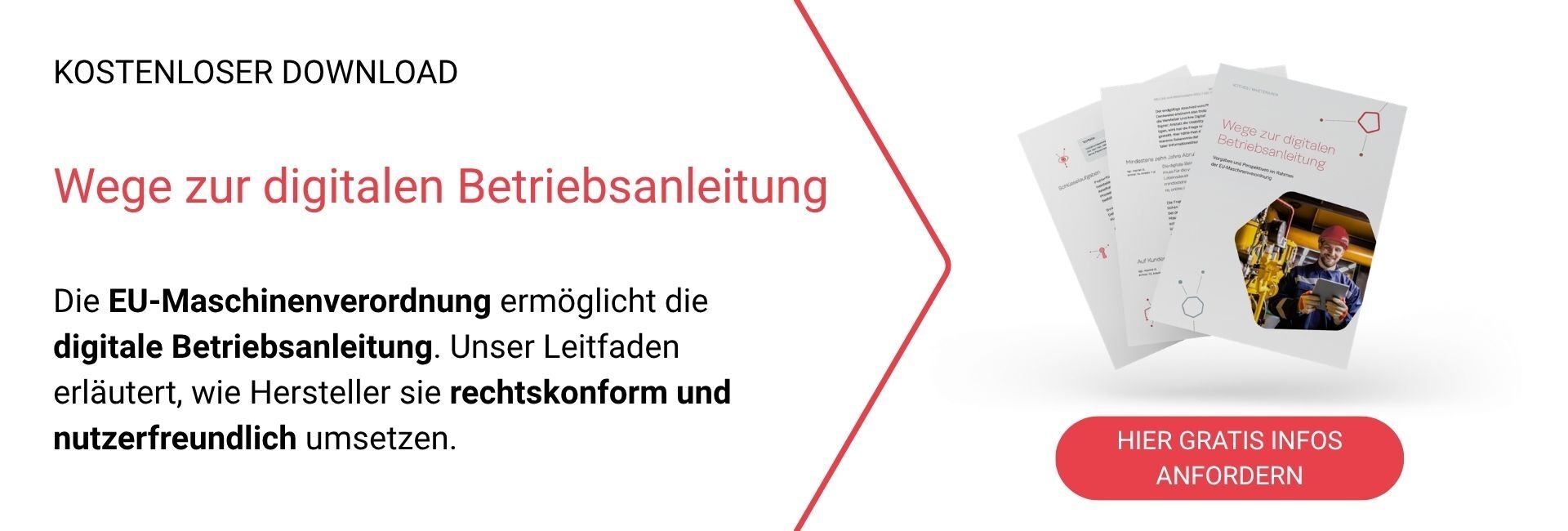Kostenloser-Download-Banner „Wege zur digitalen Betriebsanleitung“ mit Hinweis auf EU‑Maschinenverordnung, Broschüren-Mockup und Button „Hier gratis Infos anfordern“.