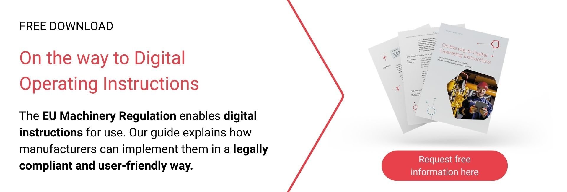 Free-download banner “On the way to Digital Operating Instructions,” mentioning the EU Machinery Regulation, with brochure mockup and button “Request free information here.”